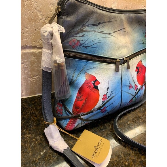 RARE Anuschka Leather Hand Painted "Northern Cardinal" Crossbody Handbag NWT - Picture 4 of 12